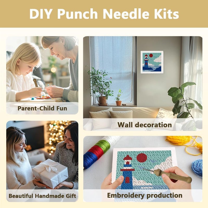 DOODLREAM Lighthouse DIY Punch Needle Embroidery Kit for Adult Beginner, 9.4" Sea Building Punch Stitching Craft Set for Starter with Frame, Fabric Pattern, Threader, Yarn, Pinch Needle - Image 4